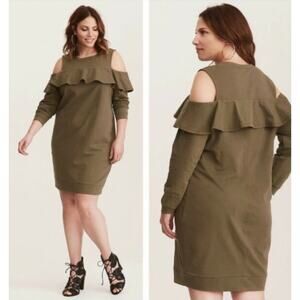 NEW Torrid Cold Shoulder Olive Green Ruffles Sweater Dress Size 2X